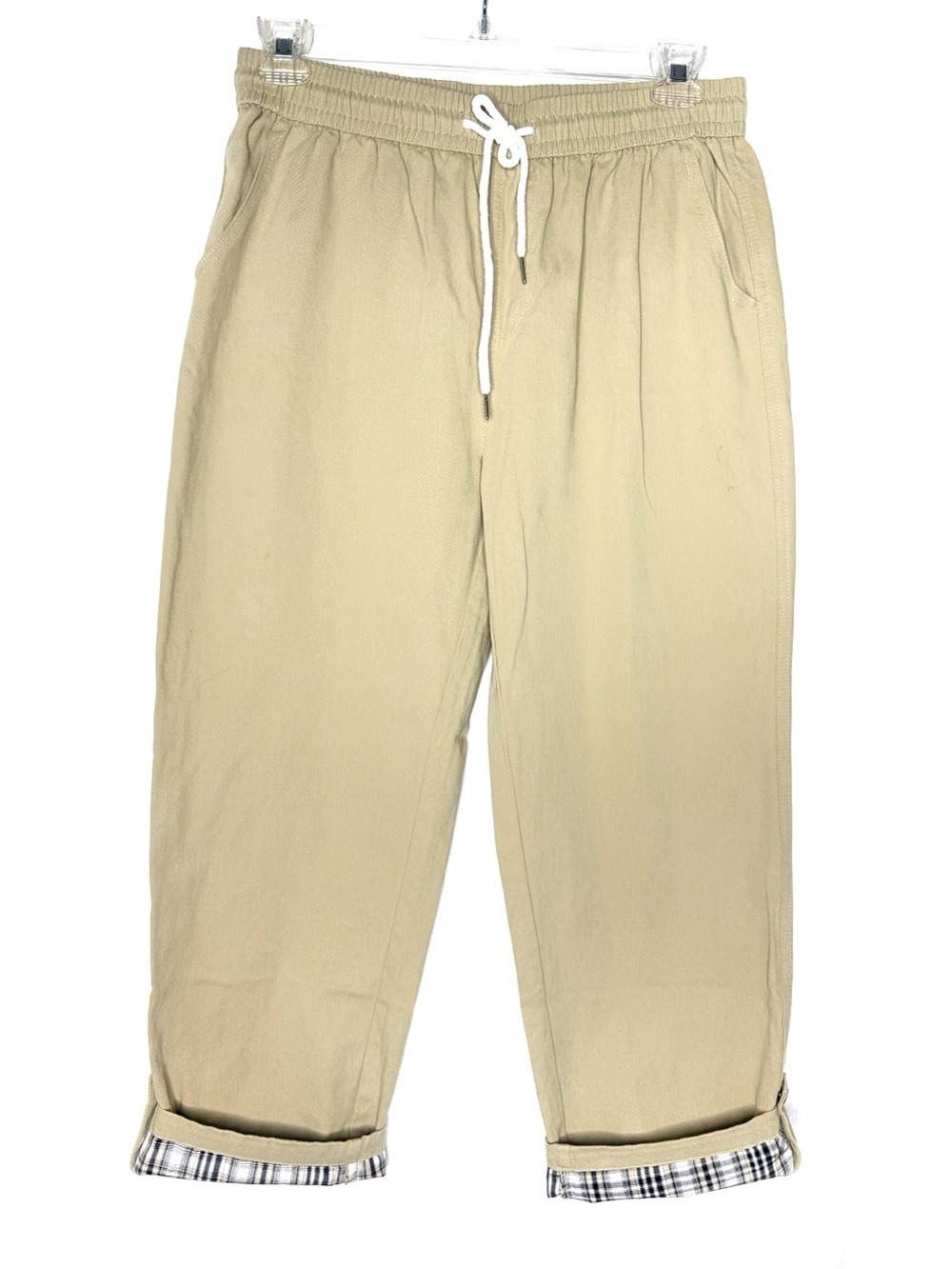 Real Takai Khaki Beige Pull-On Pants Plaid Cuff Detail Drawstring Elastic Waist